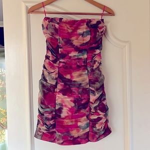 Strapless Bodycon Mini Abstract Floral Ruched Tulle Sz 0